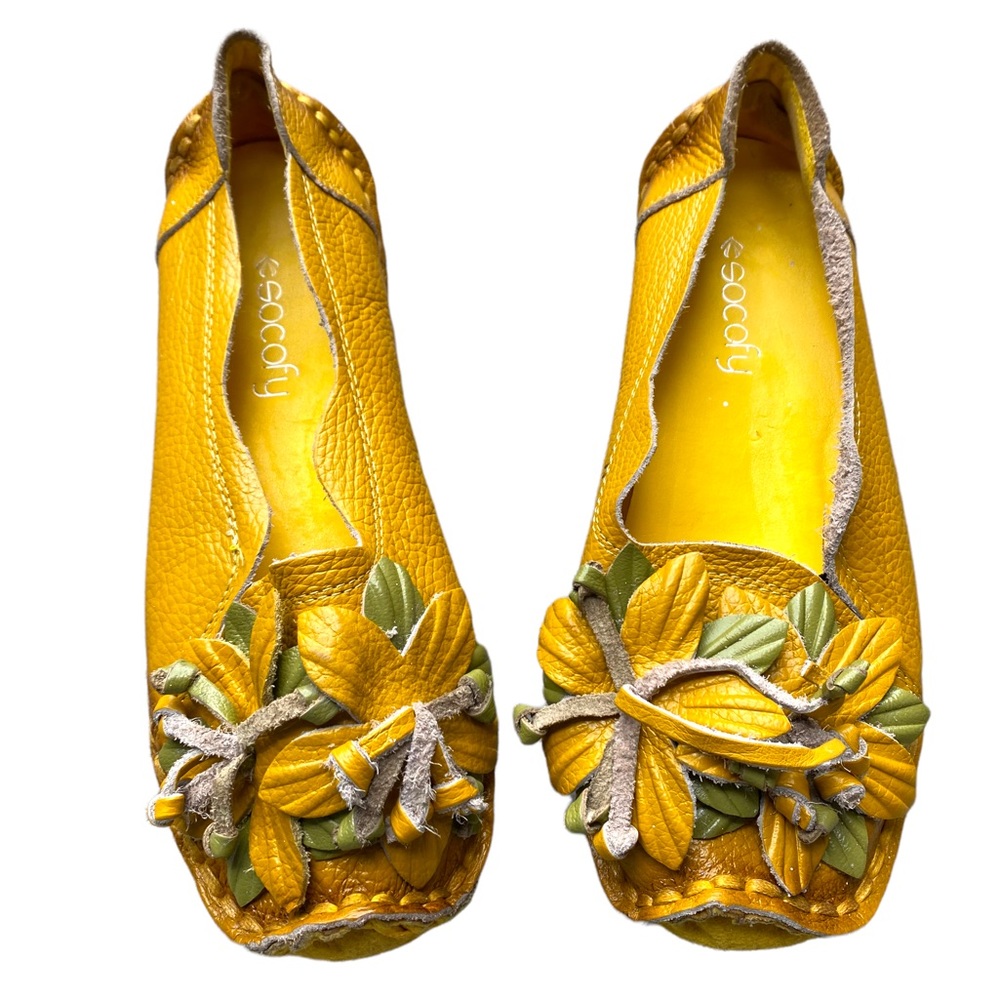 SOCOFY Genuine Leather Handmade Yellow Flower Loafer Soft Flat Casual Shoes Sz 8